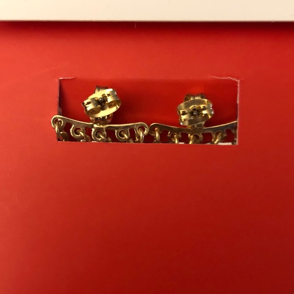 Betsey Johnson Gold Tone Red Metal Bow Front Back Drop Earrings Fringe Accents - Picture 9 of 13